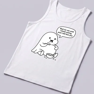 Kawaii line-art ghost t-shirt with humorous text about eating and booing — printed on a tank top