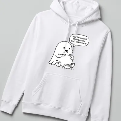 Kawaii line-art ghost t-shirt with humorous text about eating and booing — printed on a unisex hoodie