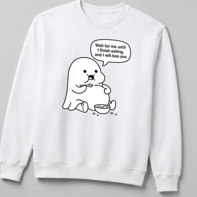 Kawaii line-art ghost t-shirt with humorous text about eating and booing — printed on a unisex sweatshirt