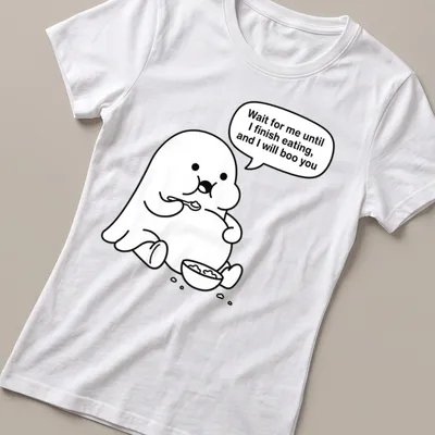 Kawaii line-art ghost t-shirt with humorous text about eating and booing — printed on a women's shirt