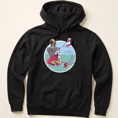 Illustrative design of a kiteboarder in vibrant colors on a — printed on a unisex hoodie