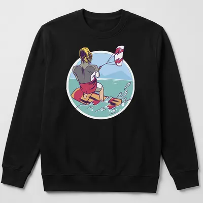 Illustrative design of a kiteboarder in vibrant colors on a — printed on a unisex sweatshirt