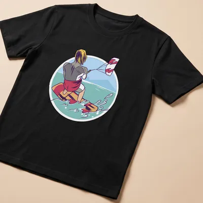 Illustrative design of a kiteboarder in vibrant colors on a T-shirt