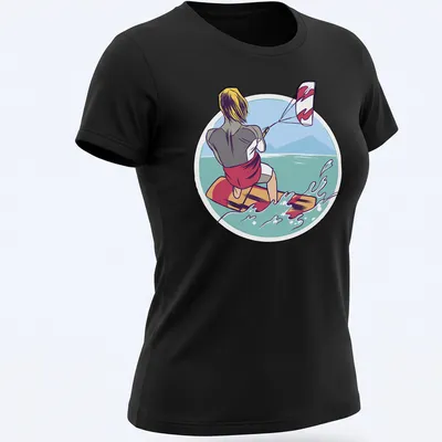 Illustrative design of a kiteboarder in vibrant colors on a — printed on a women's shirt