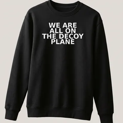 Bold typography t-shirt featuring the phrase 'WE ARE ALL ON THE DECOY PLANE' — printed on a unisex sweatshirt
