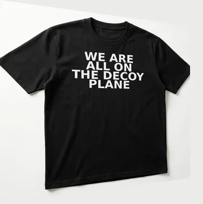 Bold typography t-shirt featuring the phrase 'WE ARE ALL ON THE DECOY PLANE' — printed on a unisex t-shirt (angled view)