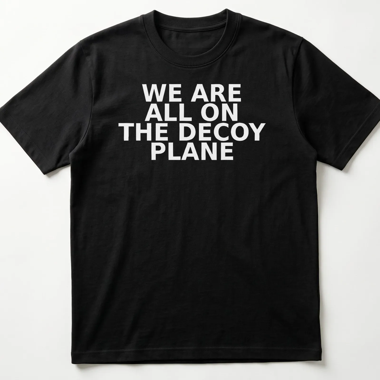 Bold typography t-shirt featuring the phrase 'WE ARE ALL ON THE DECOY PLANE' — printed on a unisex t-shirt