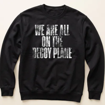 Distressed print of the phrase We Are All On The Decoy Plane in white — printed on a unisex sweatshirt