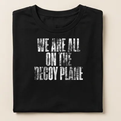 Distressed print of the phrase We Are All On The Decoy Plane in white — printed on a women's shirt