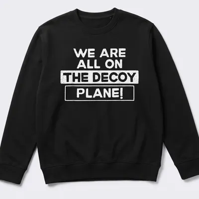 Bold typography T-shirt featuring the phrase We Are All On The Decoy Plane! — printed on a unisex sweatshirt