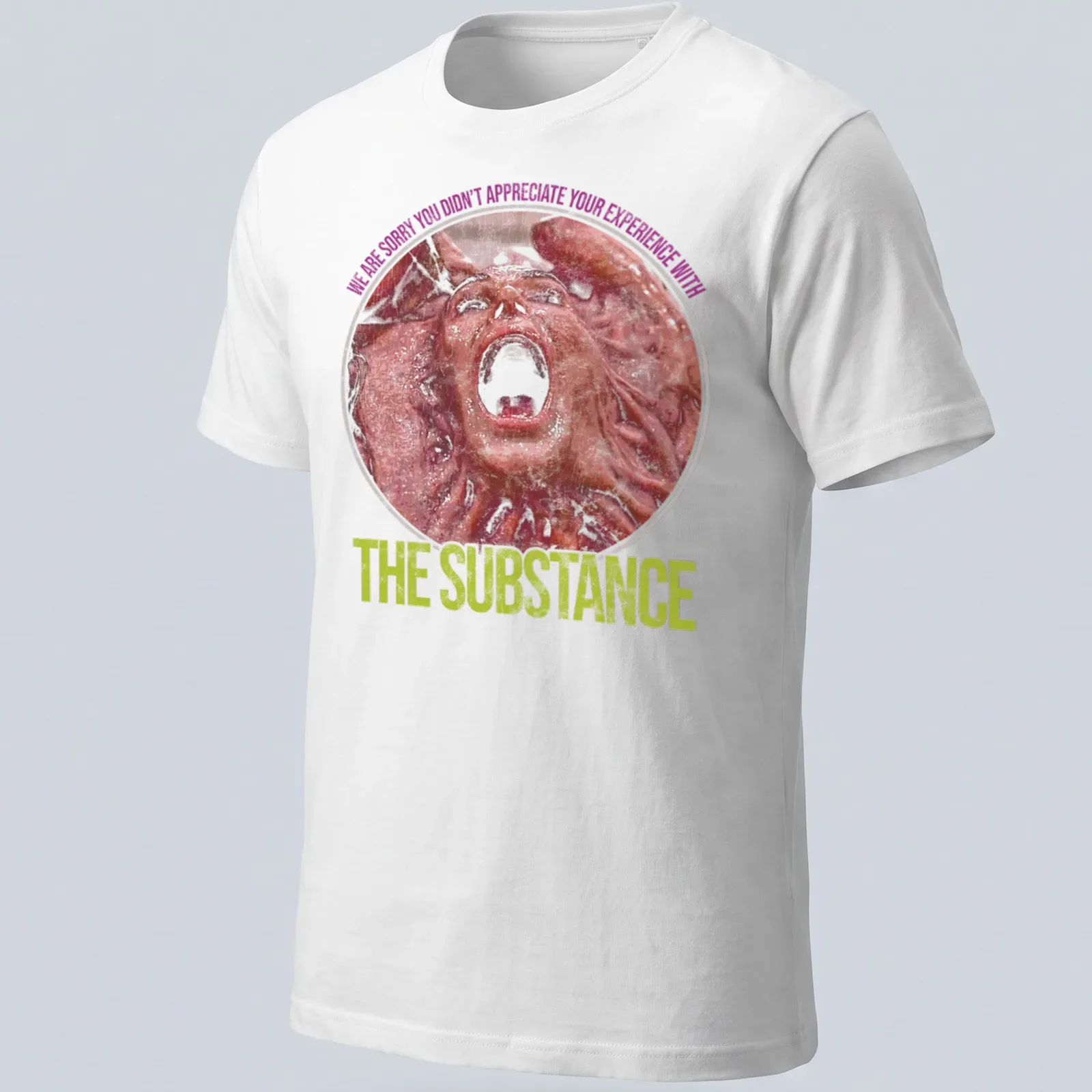 Distressed t-shirt featuring a screaming face and text about appreciation of experience — printed on a unisex t-shirt