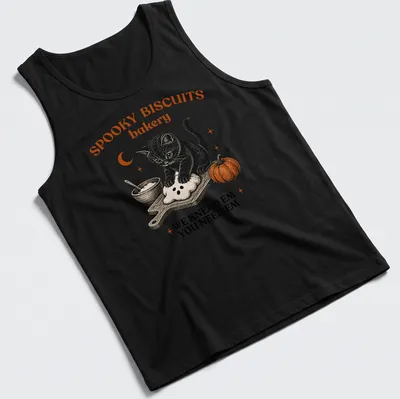 Vintage black cat illustration with humorous bakery text in orange and black — printed on a tank top
