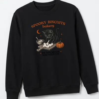 Vintage black cat illustration with humorous bakery text in orange and black — printed on a unisex sweatshirt