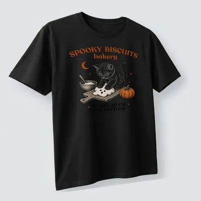 Vintage black cat illustration with humorous bakery text in orange and black — printed on a unisex t-shirt (angled view)