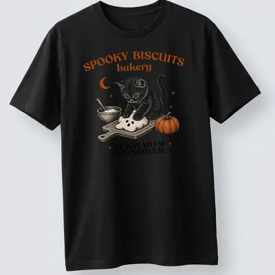 Vintage black cat illustration with humorous bakery text in orange and black — printed on a unisex t-shirt
