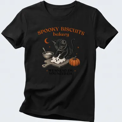 Vintage black cat illustration with humorous bakery text in orange and black — printed on a women's shirt
