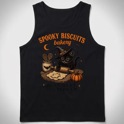 Vintage illustration of a black cat baking cookies with humorous text about spooky biscuits — printed on a tank top