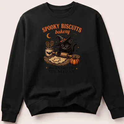 Vintage illustration of a black cat baking cookies with humorous text about spooky biscuits — printed on a unisex sweatshirt