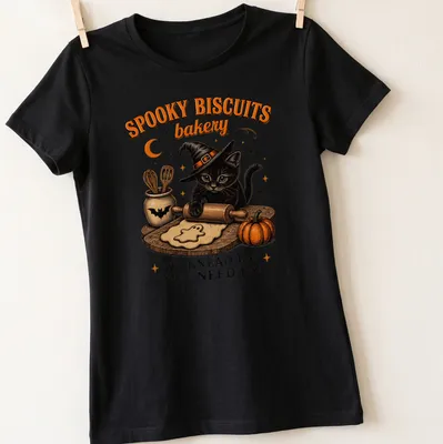 Vintage illustration of a black cat baking cookies with humorous text about spooky biscuits — printed on a women's shirt