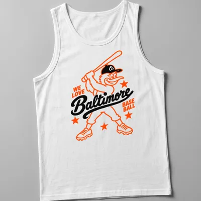 Cartoon Baltimore Oriole Bird illustration with WE LOVE Baltimore BASE BALL text — printed on a tank top