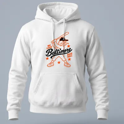 Cartoon Baltimore Oriole Bird illustration with WE LOVE Baltimore BASE BALL text — printed on a unisex hoodie