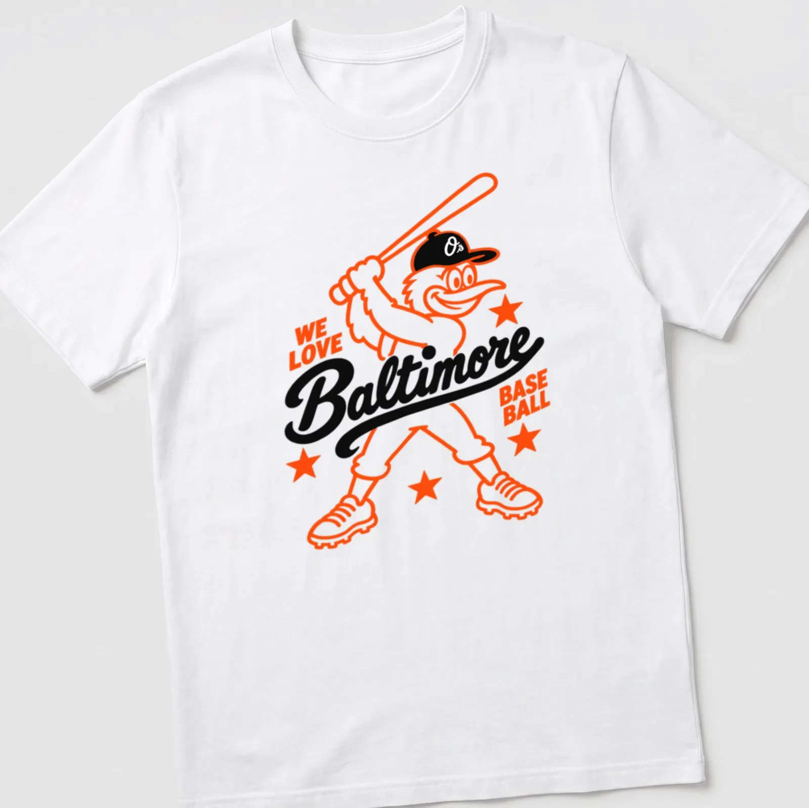 Cartoon Baltimore Oriole Bird illustration with WE LOVE Baltimore BASE BALL text — printed on a unisex t-shirt