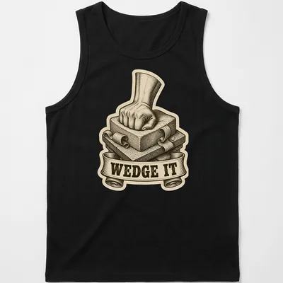 Vintage illustration of a fist pressing down on clay with humorous text 'WEDGE IT' — printed on a tank top