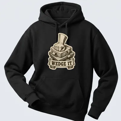 Vintage illustration of a fist pressing down on clay with humorous text 'WEDGE IT' — printed on a unisex hoodie