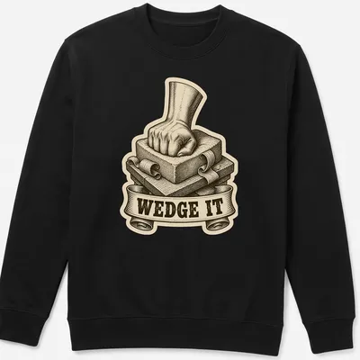 Vintage illustration of a fist pressing down on clay with humorous text 'WEDGE IT' — printed on a unisex sweatshirt