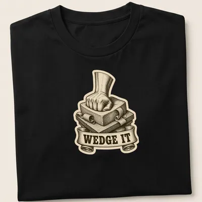 Vintage illustration of a fist pressing down on clay with humorous text 'WEDGE IT'