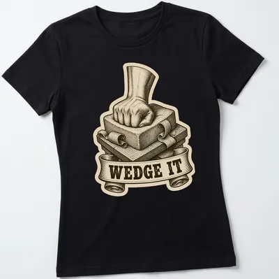Vintage illustration of a fist pressing down on clay with humorous text 'WEDGE IT' — printed on a women's shirt