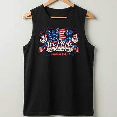 Colorful festive design featuring smiling faces and patriotic elements with text — printed on a tank top