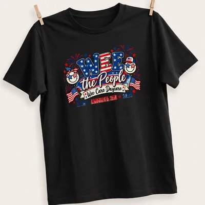 Colorful festive design featuring smiling faces and patriotic elements with text