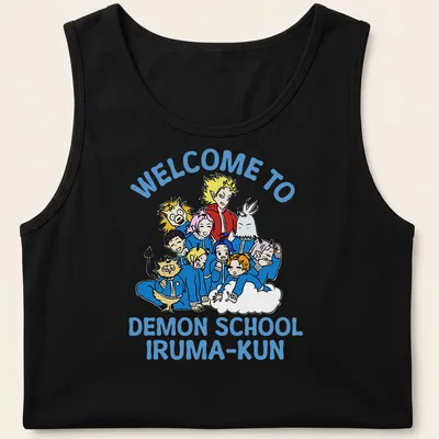 Cartoon print featuring characters from Demon School Iruma-Kun with bold text above — printed on a tank top