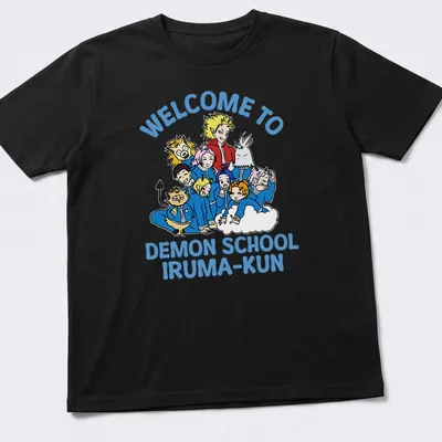 Cartoon print featuring characters from Demon School Iruma-Kun with bold text above