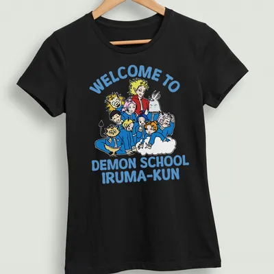 Cartoon print featuring characters from Demon School Iruma-Kun with bold text above — printed on a women's shirt
