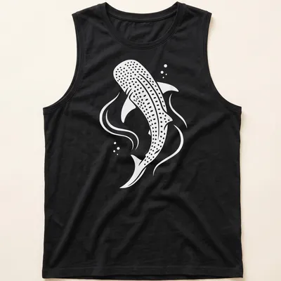 Minimalist print of a whale shark swimming in white and light gray. — printed on a tank top