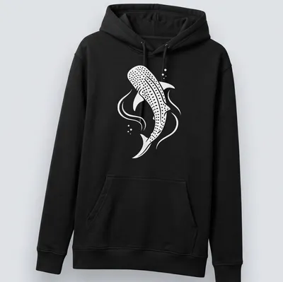Minimalist print of a whale shark swimming in white and light gray. — printed on a unisex hoodie