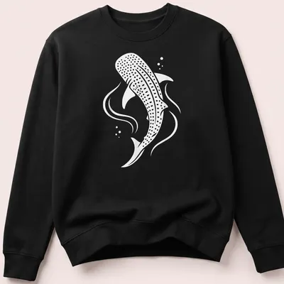 Minimalist print of a whale shark swimming in white and light gray. — printed on a unisex sweatshirt