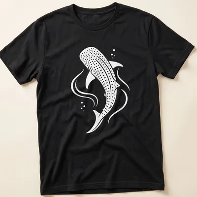 Minimalist print of a whale shark swimming in white and light gray.