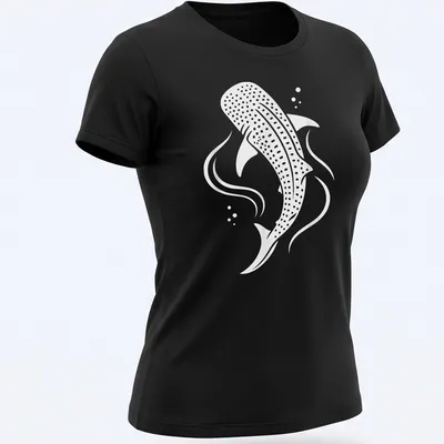 Minimalist print of a whale shark swimming in white and light gray. — printed on a women's shirt