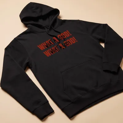 Bold text graphic tee featuring 'WHAT A GOD! WHAT A GOD!' in red, black, and white — printed on a unisex hoodie