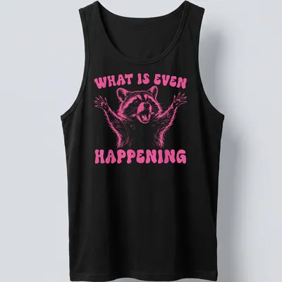 Vintage-style pink t-shirt featuring a quirky raccoon and humorous text — printed on a tank top