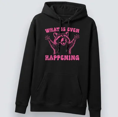 Vintage-style pink t-shirt featuring a quirky raccoon and humorous text — printed on a unisex hoodie