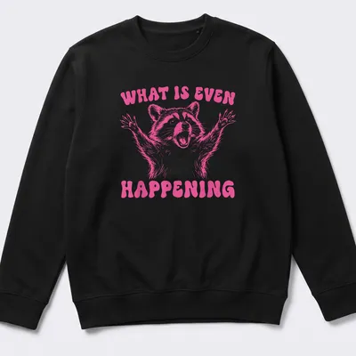 Vintage-style pink t-shirt featuring a quirky raccoon and humorous text — printed on a unisex sweatshirt