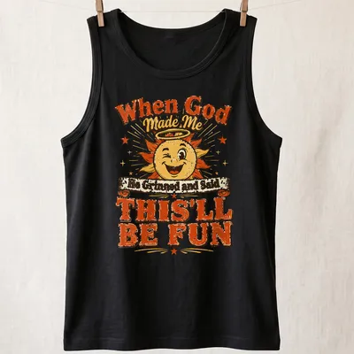 Vibrant cartoon sun with halo and a joyful quote about fun — printed on a tank top