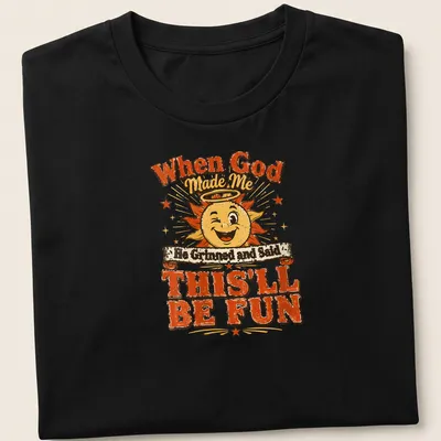 Vibrant cartoon sun with halo and a joyful quote about fun