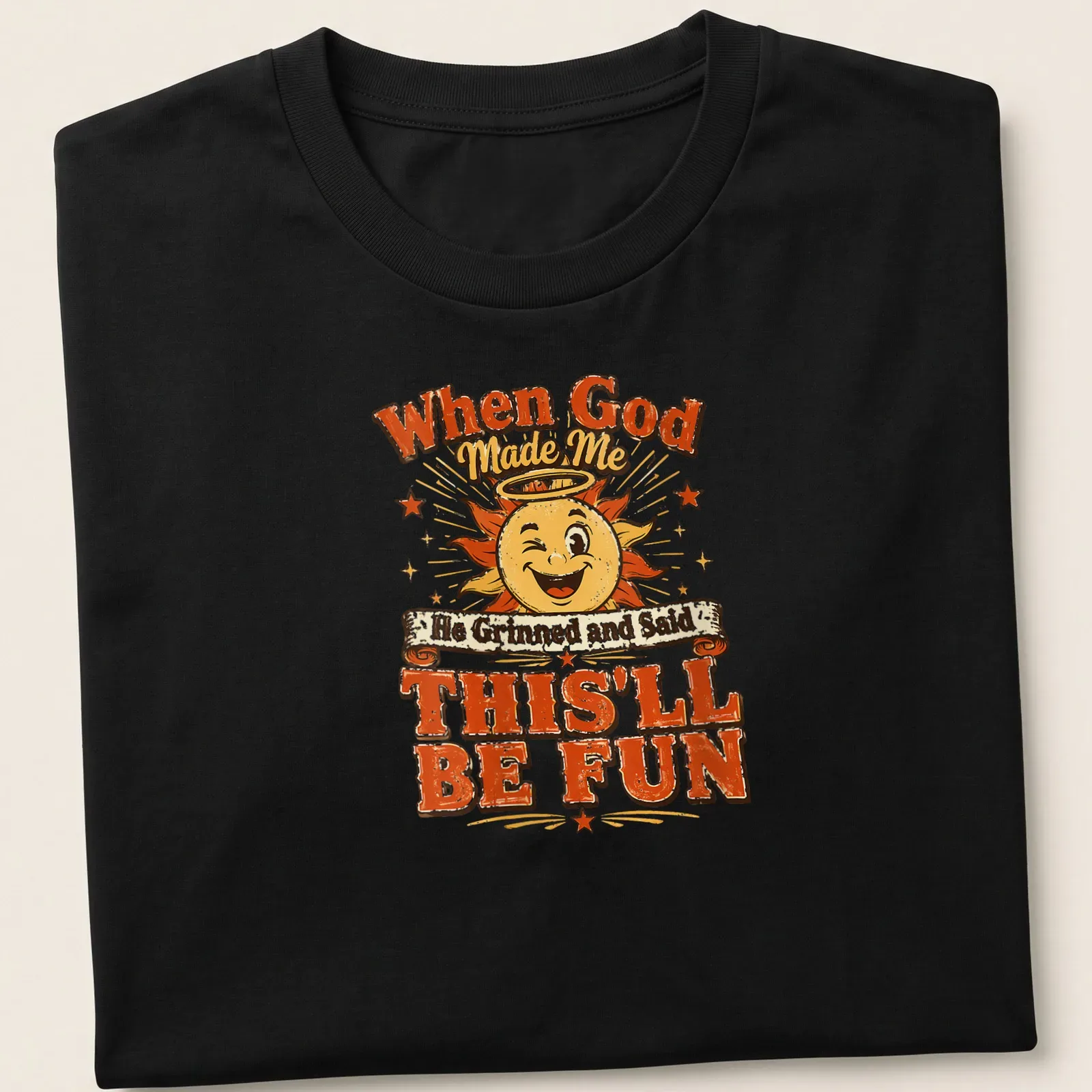 Vibrant cartoon sun with halo and a joyful quote about fun — printed on a unisex t-shirt