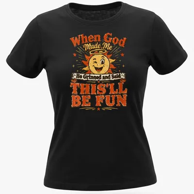 Vibrant cartoon sun with halo and a joyful quote about fun — printed on a women's shirt