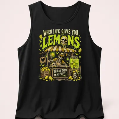 Vintage cartoon of a lemon skeleton with humorous text about lemons — printed on a tank top